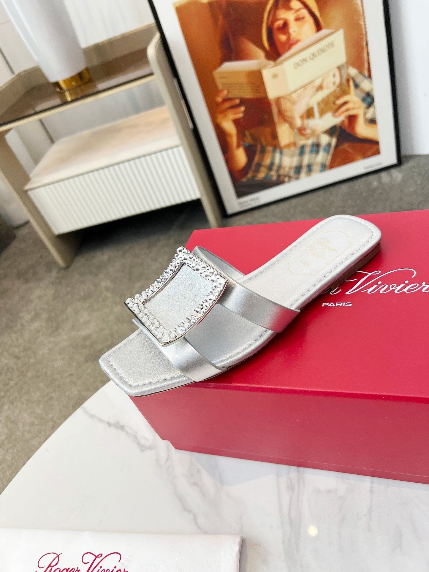 VIV' BY THE SEA MULES IN SILVER CALFSKIN CRYSTAL BUCKLE