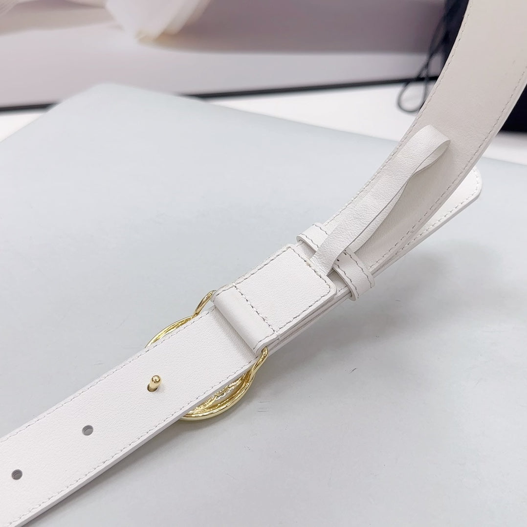 CC 30MM BELT IN WHITE CALFSKIN GOLD HARDWARE ATTACH PEARLS