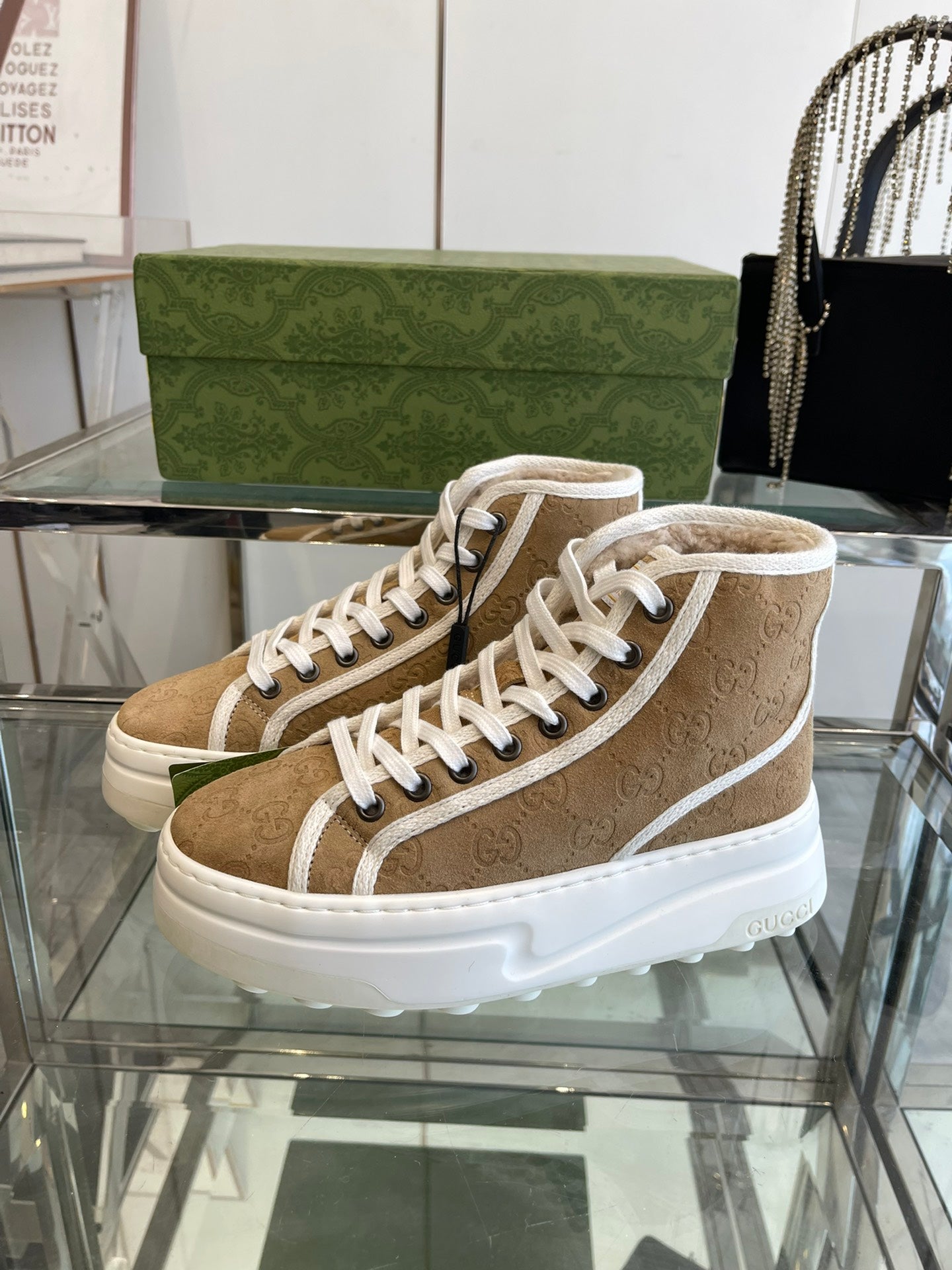 GG HIGH TOP SNEAKER IN CAMEL BROWN CANVAS WITH BEIGE FLEECE LINING