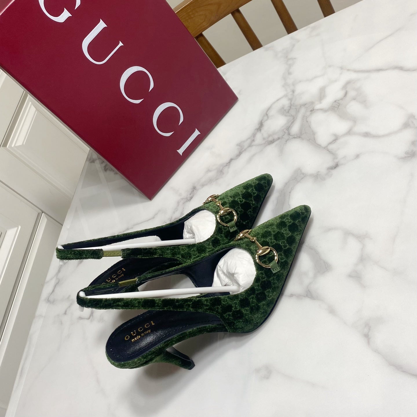 GUCCI 26S SLINGBACK HEELS 85 MM IN DARK GREEN VELVET