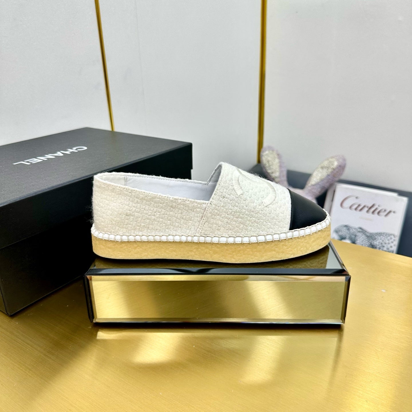 CC ESPADRILLES PLATFORM 25S IN WHITE TWEED MIX BLACK CALFSKIN