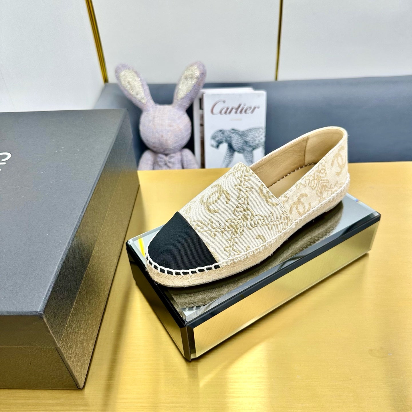 CC ESPADRILLES PLATFORM IN MOSSY BROWN MIX BLACK PATTERN FABRIC