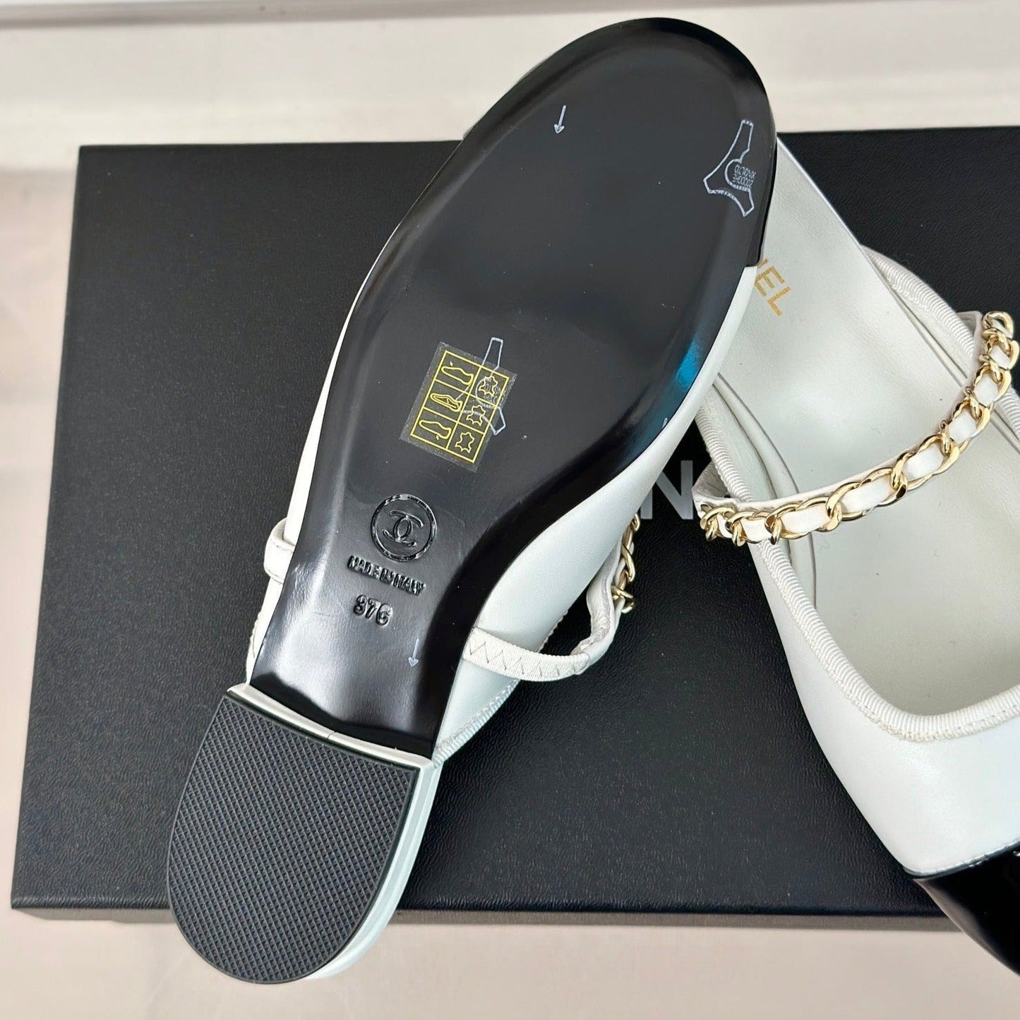 Double C Two-Tone Chain Mules White Lambskin