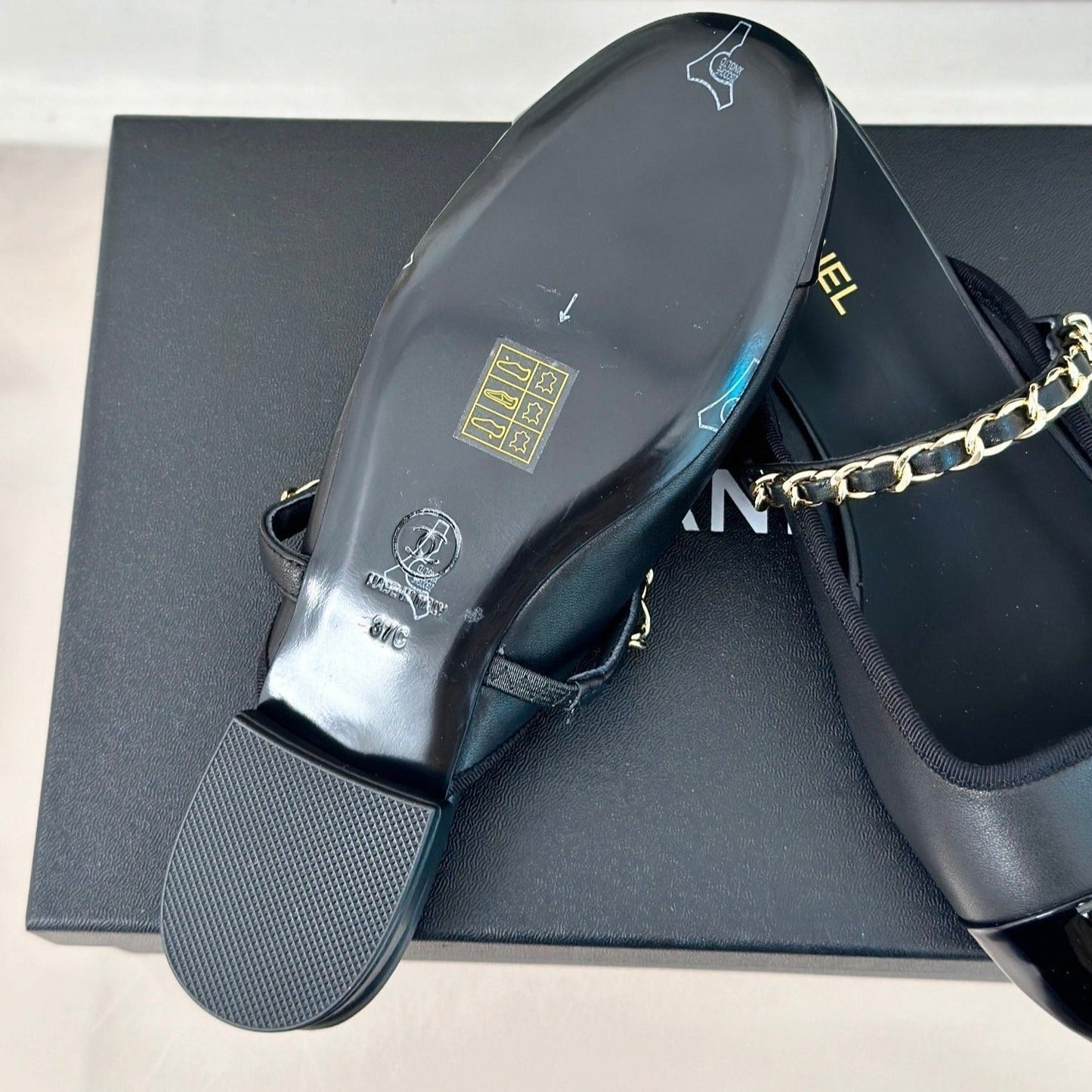 Double C Two-Tone Chain Mules Black Lambskin