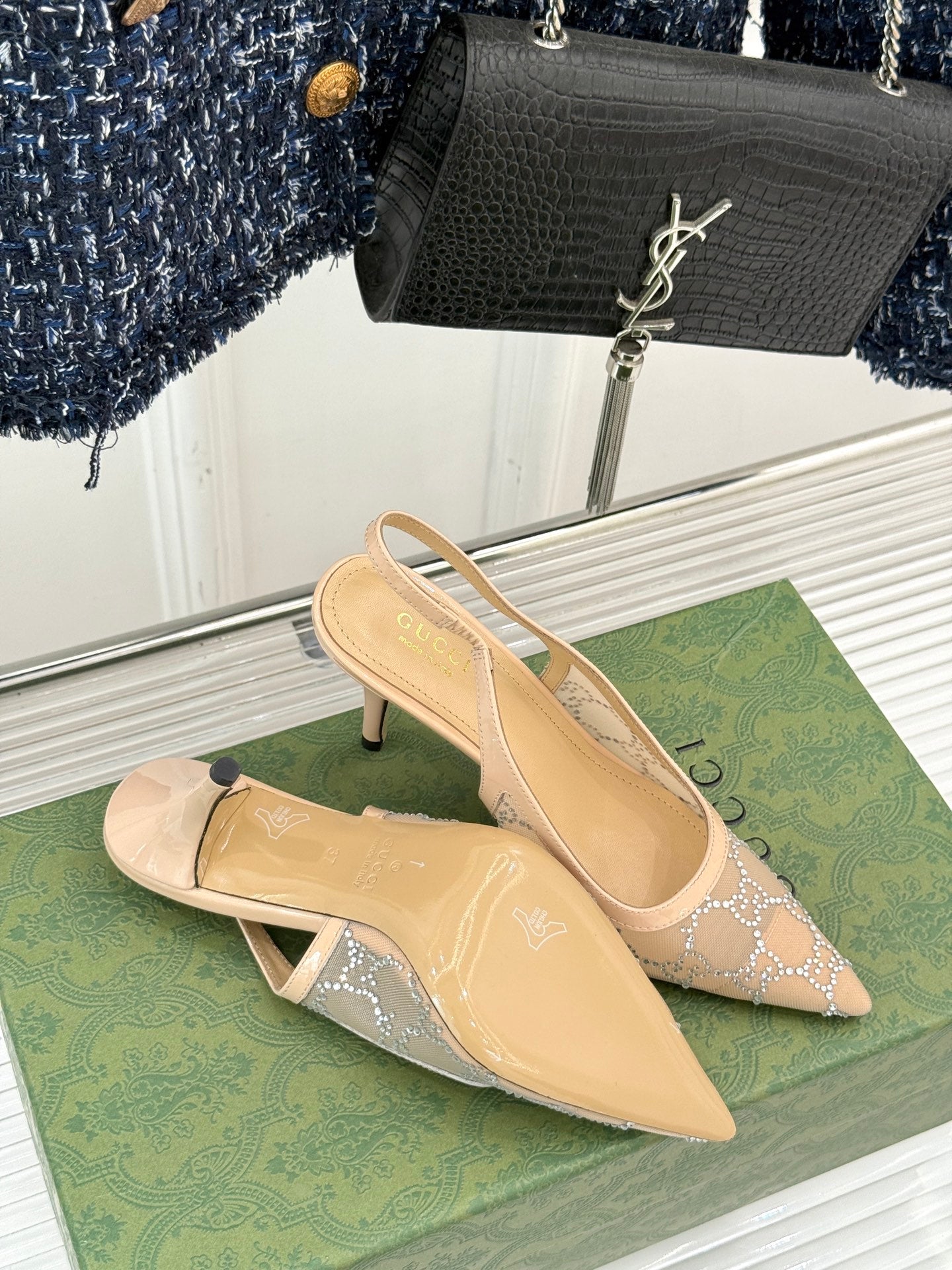 GG HIGH SLINGBACK 8.5 CM IN BEIGE CLASSIC POINTED-TOE MESH WITH RHINESTONE EMBELLISHMENTS