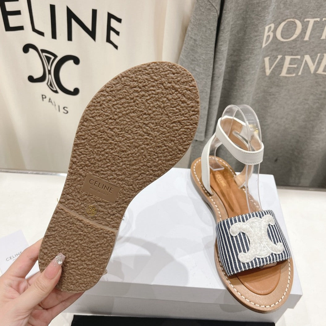 LYMPIA SANDAL IN TRIOMPHE MACCRAMÉ COTTON & CALFSKIN OFF WHITE / NAVY