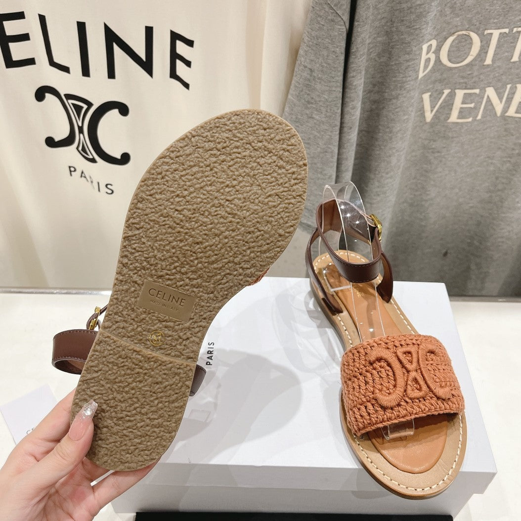 LYMPIA SANDAL IN TRIOMPHE MACCRAMÉ COTTON & CALFSKIN BROWN/DARK BROWN