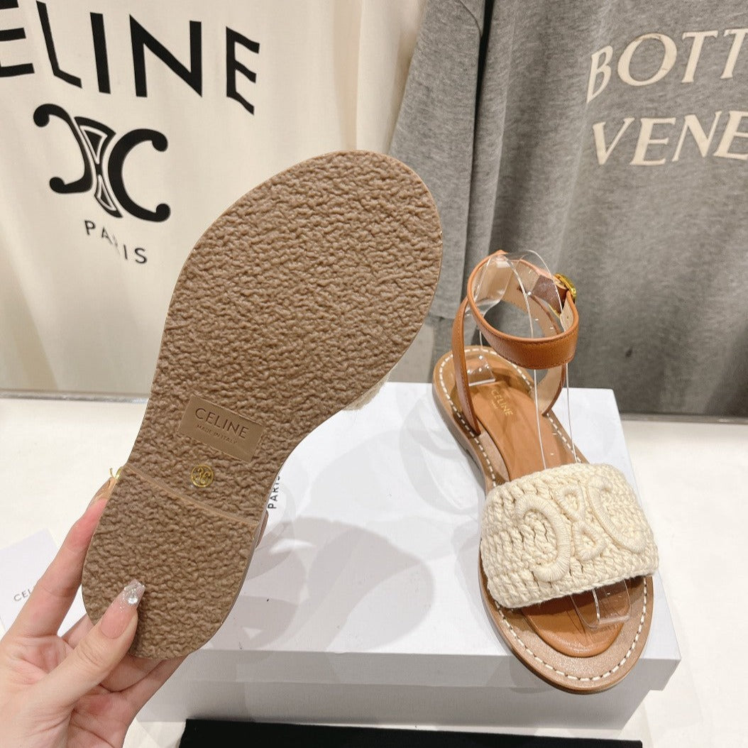 LYMPIA SANDAL IN TRIOMPHE MACCRAMÉ COTTON & CALFSKIN ECRU TAN