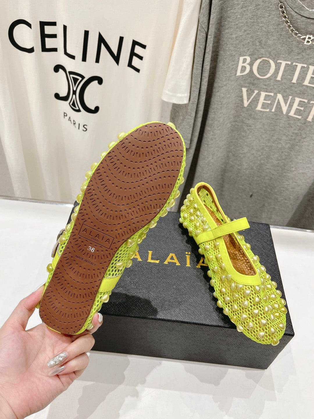 ALAIA PEARL MARY JANE SHOES IN NEON YELLOW MESH AND CALFSKIN