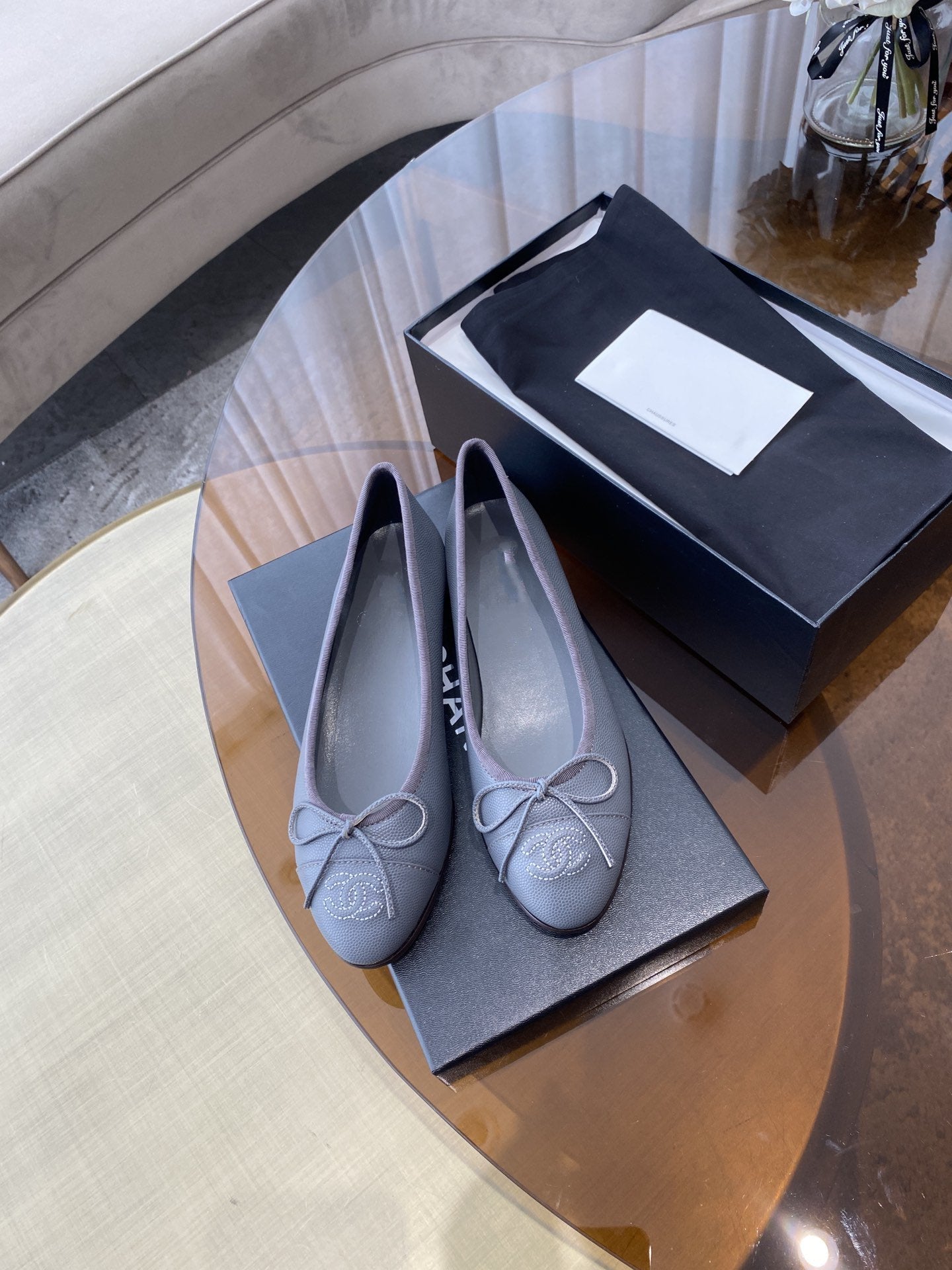 BALLET FLATS GREY GRAINED CALFSKIN