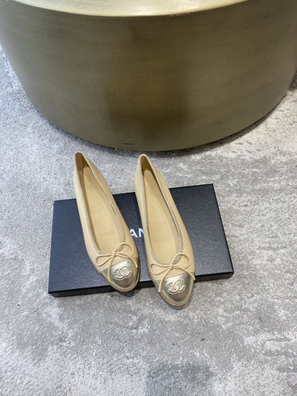 BALLET FLATS BEIGE SILVER LAMBSKIN CANVAS