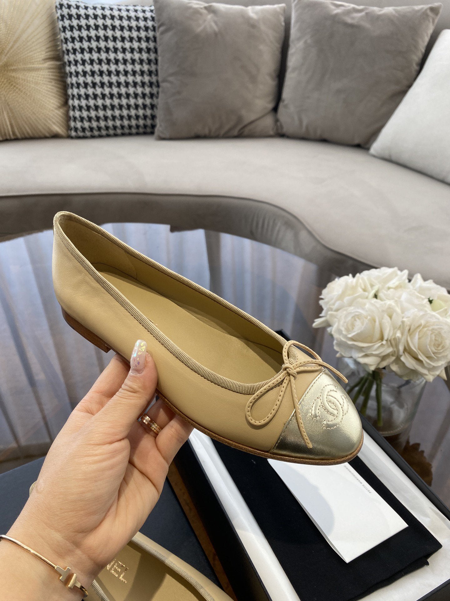 BALLET FLATS BEIGE SILVER LAMBSKIN CANVAS