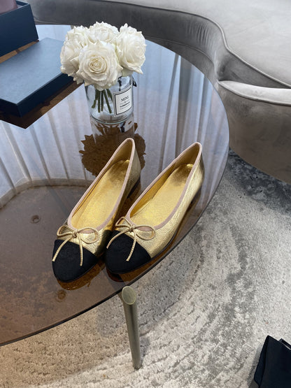 BALLET FLATS GOLD BLACK LAMBSKIN CANVAS
