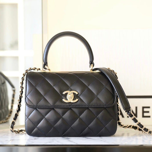 Chanel Style Mini Trendy Flap Bag with Top Handle 20cm Black Lambskin Gold Hardware – Style215
