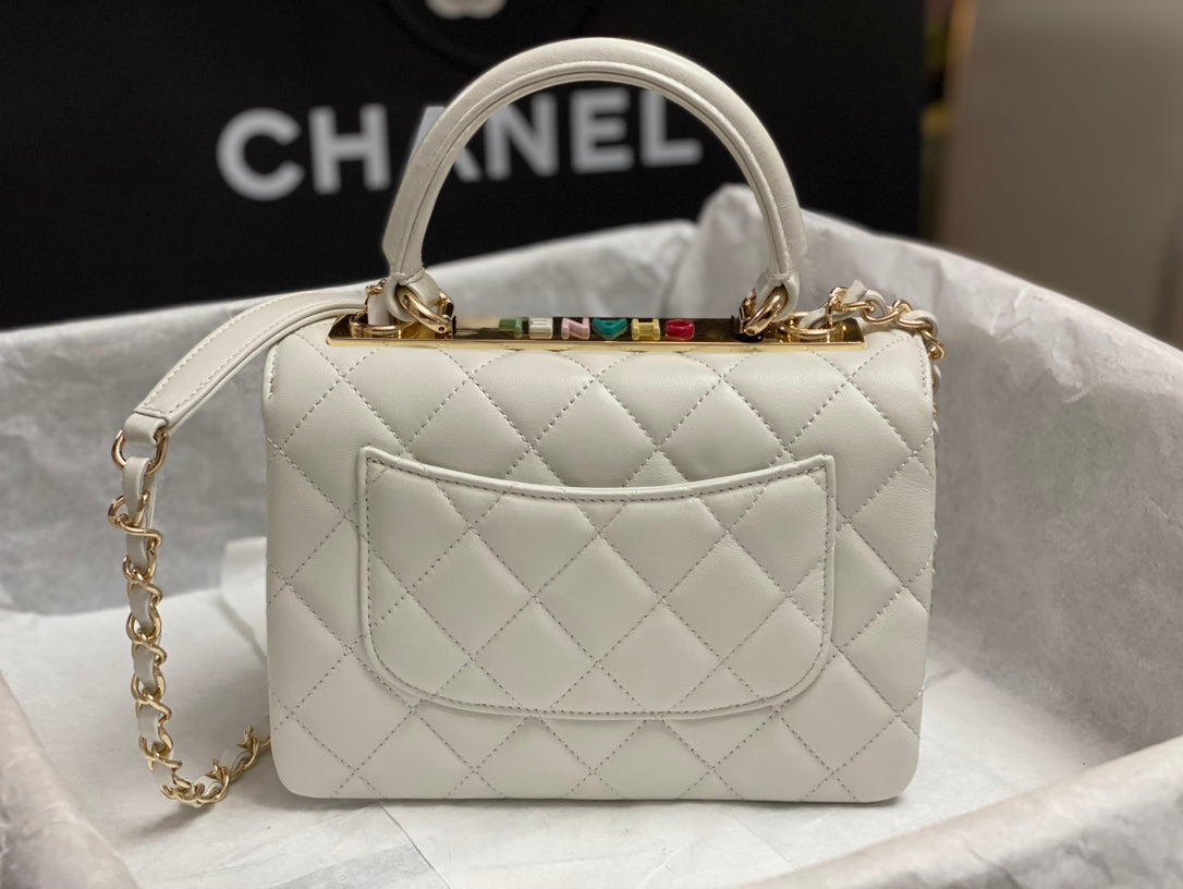 Chanel Style Mini Trendy Flap Bag with Top Handle 20cm White Lambskin Gold Hardware – Style214