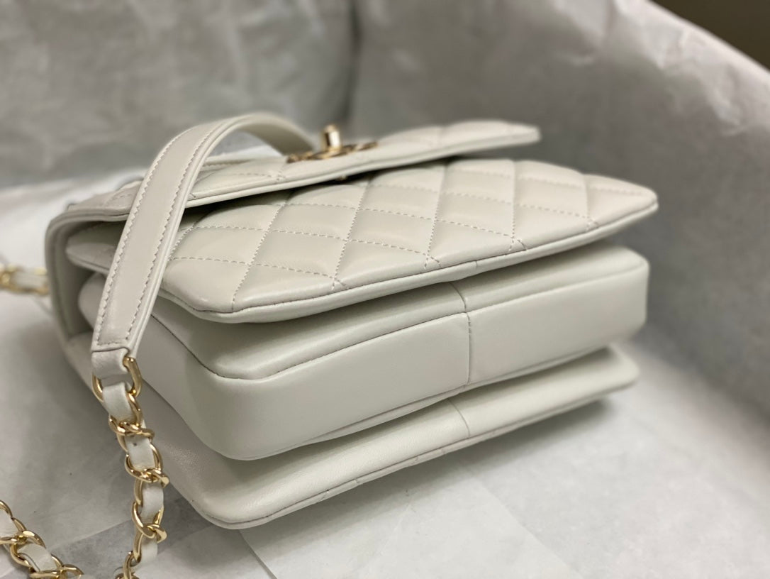 Chanel Style Mini Trendy Flap Bag with Top Handle 20cm White Lambskin Gold Hardware – Style214