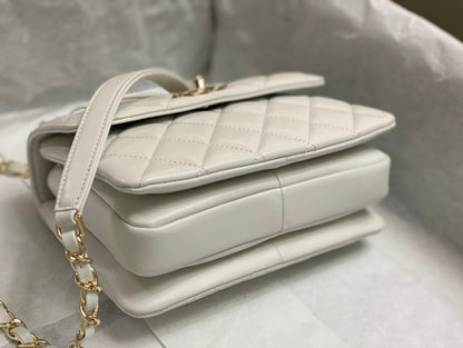 Chanel Style Mini Trendy Flap Bag with Top Handle 20cm White Lambskin Gold Hardware – Style214