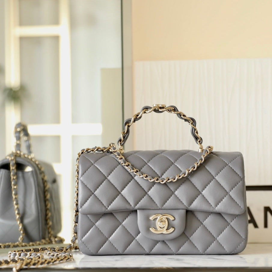 Chanel Style Mini Rectangle Flap Bag with Top Handle 20cm Grey Lambskin-Style212
