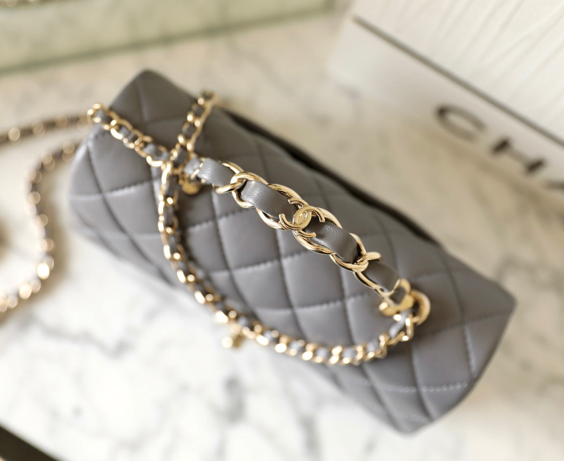 Chanel Style Mini Rectangle Flap Bag with Top Handle 20cm Grey Lambskin-Style212