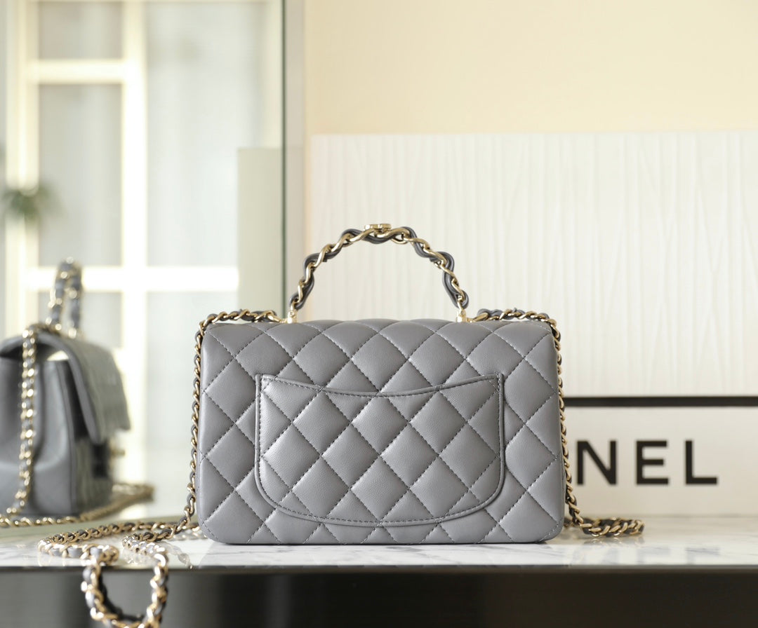 Chanel Style Mini Rectangle Flap Bag with Top Handle 20cm Grey Lambskin-Style212