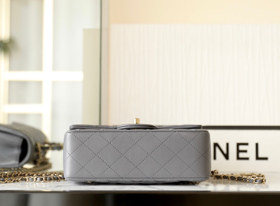 Chanel Style Mini Rectangle Flap Bag with Top Handle 20cm Grey Lambskin-Style212