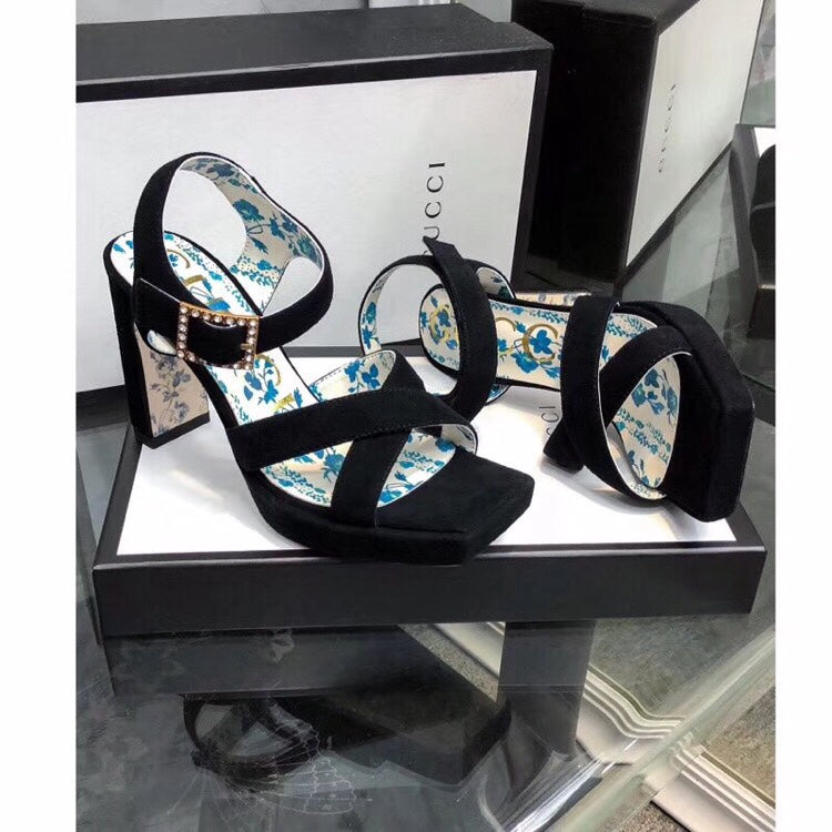 GG HIGH SANDAL BLACK SUEDE WITH PATTERNS