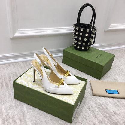 GG HIGH HEEL SLINGBACK WHITE CALFSKIN WITH CHAIN