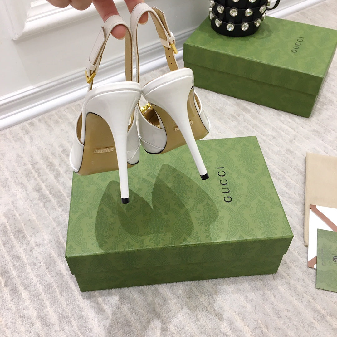 GG HIGH HEEL SLINGBACK WHITE CALFSKIN WITH CHAIN