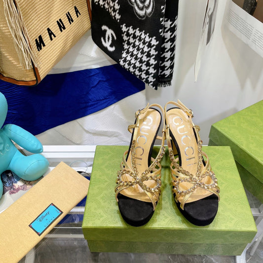 GG CRYSTAL HIGH HEEL SANDAL BLACK LAMBSKIN