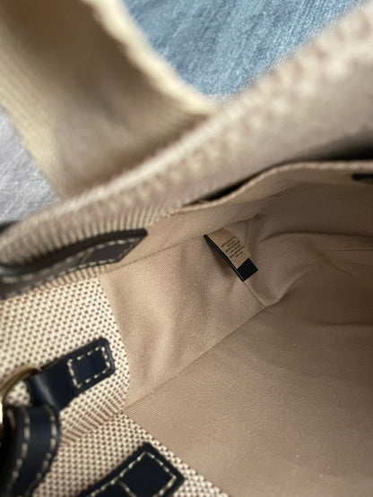 SMALL STRAP WOODY TOTE BAG 26.5 IN BEIGE LINEN CANVAS BLACK WEBBING LOGO EMBROIDER BLACK CALFSKIN