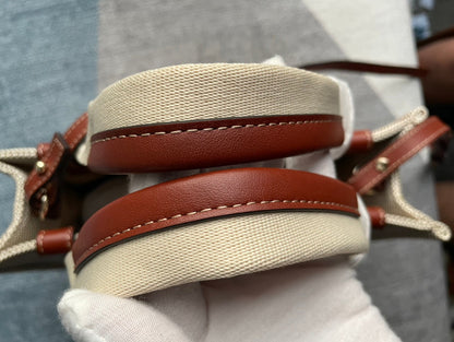 SMALL STRAP WOODY TOTE BAG 26.5 IN BEIGE LINEN CANVAS BLACK WEBBING LOGO EMBROIDER BROWN CALFSKIN