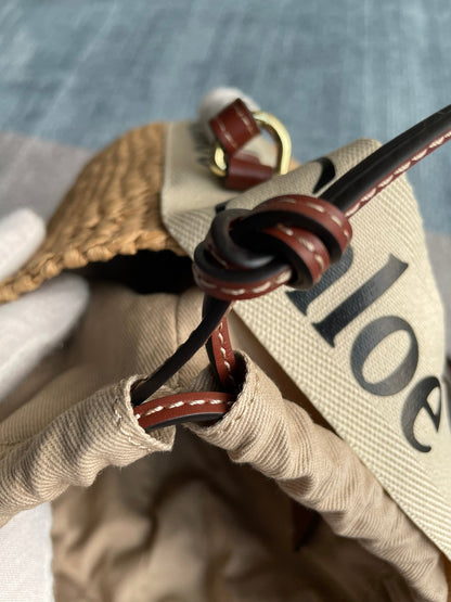 SMALL WOODY BASKET 17 IN NATURAL FIBERS BEIGE WEBBING DARK BROWN CALFSKIN