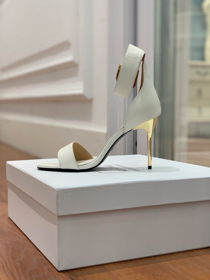 BALMAIN 25S THIN STRAP HIGH HEELS 105MM IN IVORY CALFSKIN GOLD HARDWARE
