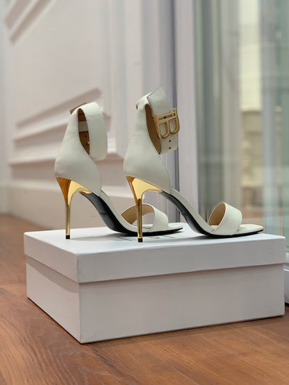 BALMAIN 25S THIN STRAP HIGH HEELS 105MM IN IVORY CALFSKIN GOLD HARDWARE