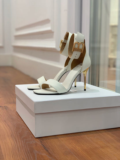 BALMAIN 25S THIN STRAP HIGH HEELS 105MM IN IVORY CALFSKIN GOLD HARDWARE