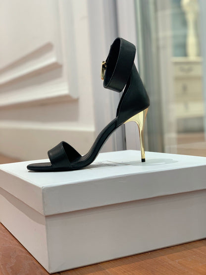 BALMAIN 25S THIN STRAP HIGH HEELS 105MM IN BLACK CALFSKIN GOLD HARDWARE