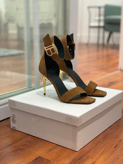BALMAIN 25S THIN STRAP HIGH HEELS 105MM IN DARK BROWN SUEDE GOLD HARDWARE
