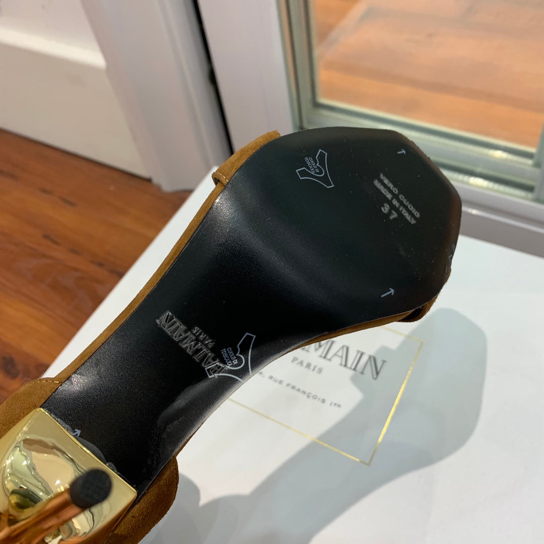 BALMAIN 25S THIN STRAP HIGH HEELS 105MM IN DARK BROWN SUEDE GOLD HARDWARE