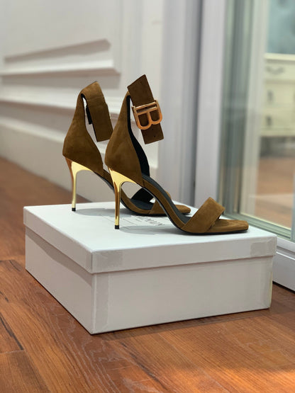 BALMAIN 25S THIN STRAP HIGH HEELS 105MM IN DARK BROWN SUEDE GOLD HARDWARE