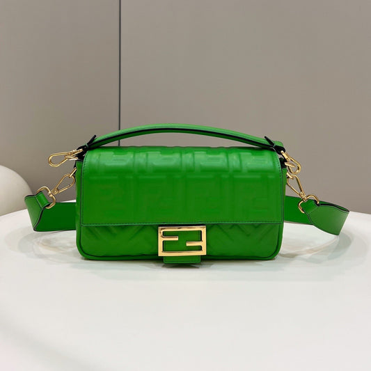 BAGUETTE WITH FF MOTIF 27 IN EMERALD GREEN SOFT LAMBSKIN GOLD HARDWARE