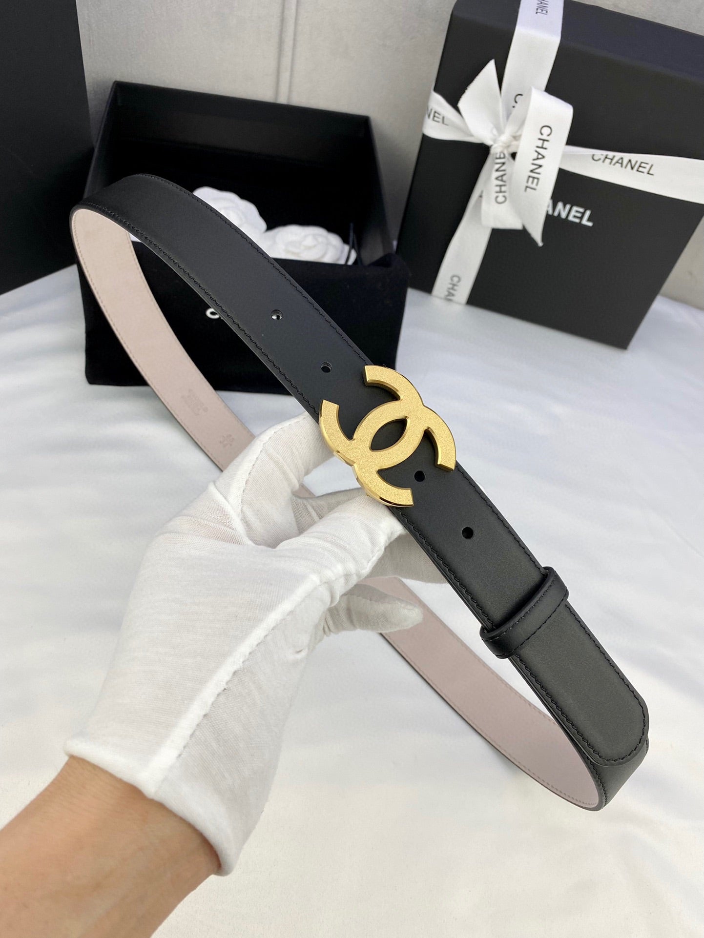 DOUBLE C BELT 30MM IN BLACK CALFSKIN METAL BUCKLE