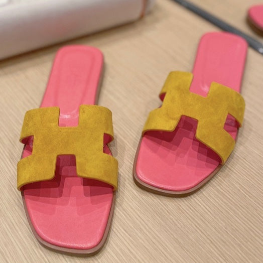 0RAN SANDALS IN DIJON YELLOW SUEDE AND DEEP PINK CALFSKIN