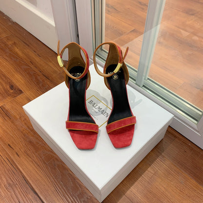 BALMAIN 25S UMA HEELED SANDALS 105MM IN RED SUEDE GOLD HARDWARE