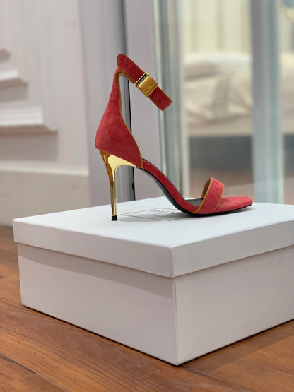 BALMAIN 25S UMA HEELED SANDALS 105MM IN RED SUEDE GOLD HARDWARE