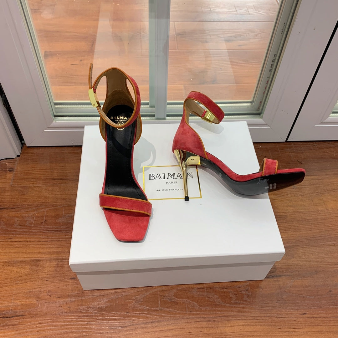 BALMAIN 25S UMA HEELED SANDALS 105MM IN RED SUEDE GOLD HARDWARE