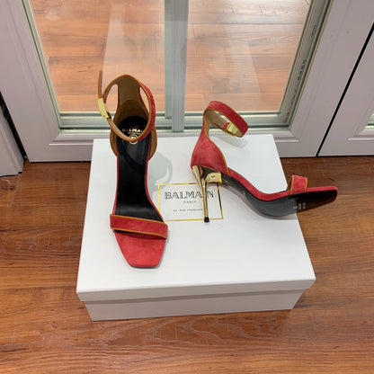 BALMAIN 25S UMA HEELED SANDALS 105MM IN RED SUEDE GOLD HARDWARE
