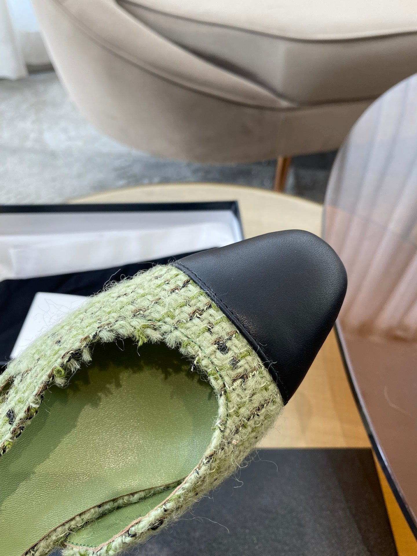 SLINGBACKS IN LIGHT GREEN FABRIC AND BLACK CALFSKIN