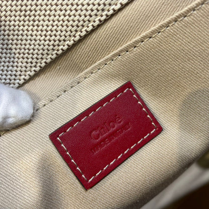 MEDIUM STRAP WOODY TOTE BAG 37 IN BEIGE LINEN CANVAS BLACK WEBBING LOGO EMBROIDER RED CALFSKIN