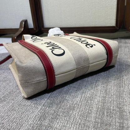 SMALL STRAP WOODY TOTE BAG 26.5 IN BEIGE LINEN CANVAS BLACK WEBBING LOGO EMBROIDER RED CALFSKIN
