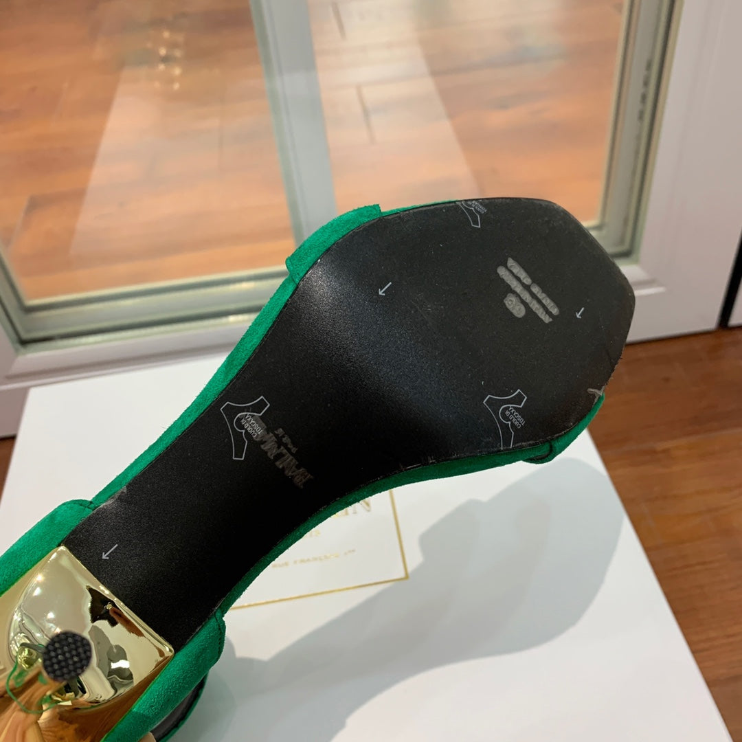 BALMAIN 25S THIN STRAP HIGH HEELS 105MM IN GREEN SUEDE GOLD HARDWARE